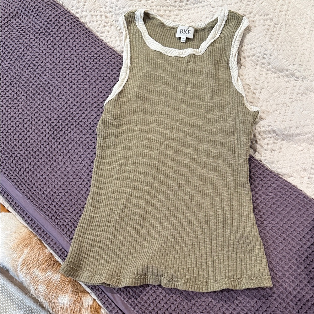 BKE Khaki Ribbed Sleeveless Top with White Edging